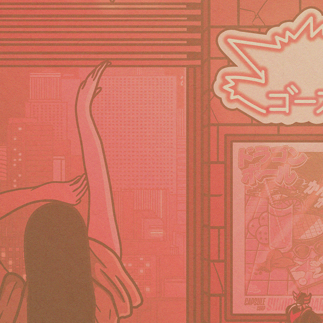 Gros plan de l'affiche japonaise rétro vintage représentant une jeune fille à Tokyo dans des tons roses, style Polaroid. Création d'Enzo Beltoise