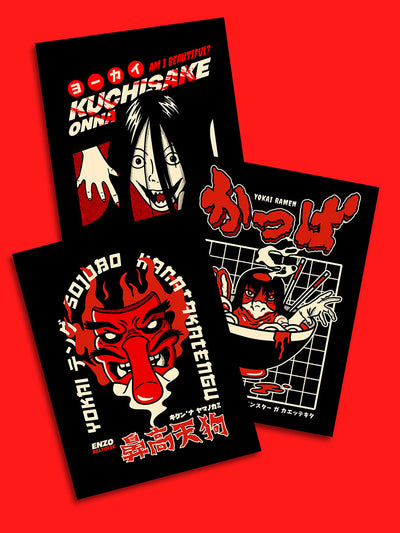 Pack de 3 affiches yokai japonais folklore traditionnel