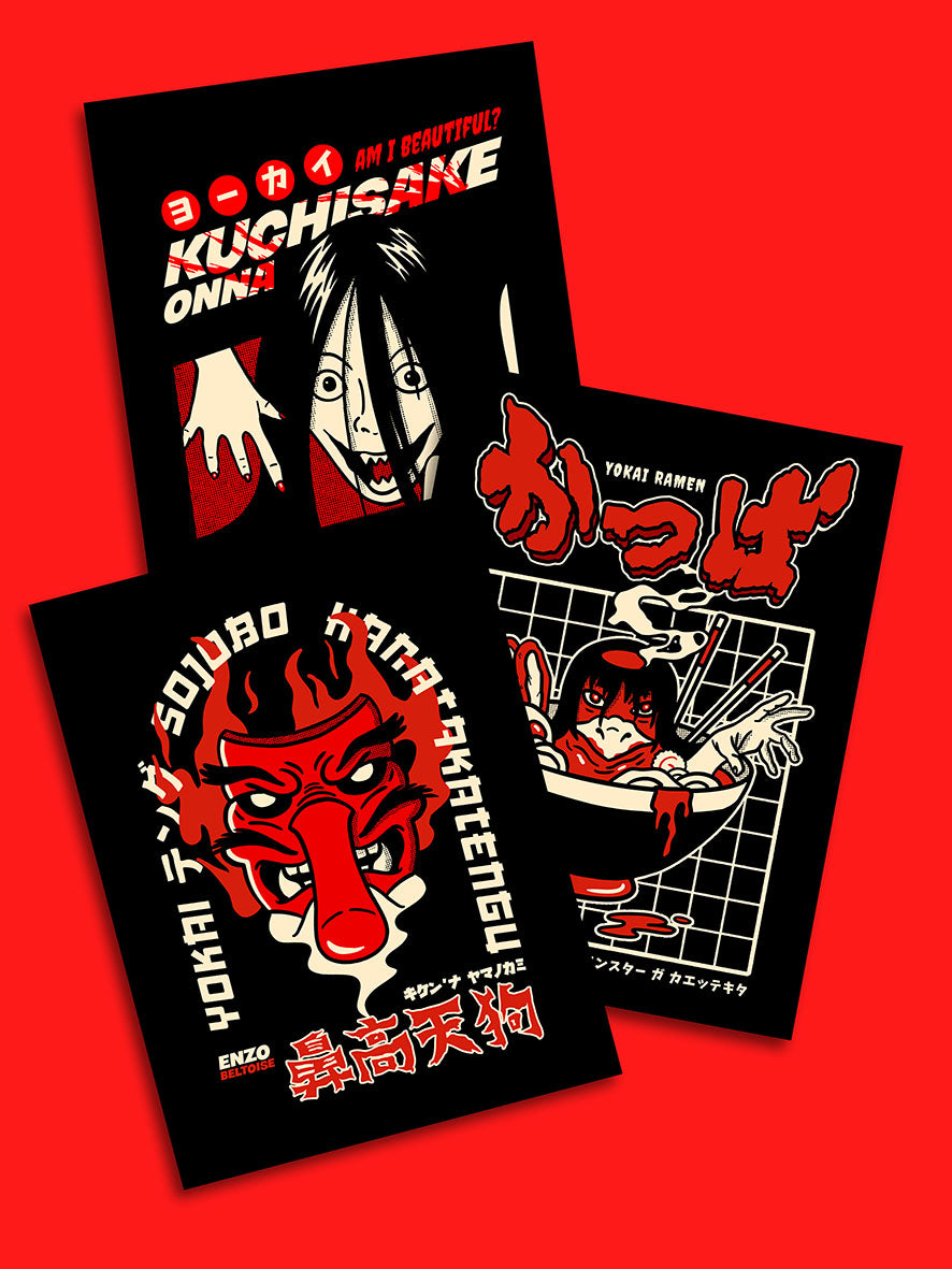 Pack de 3 affiches yokai japonais folklore traditionnel